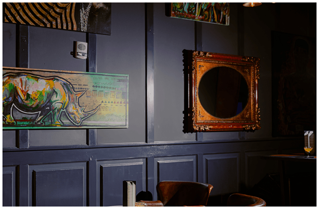 Artwork and lounge seating at The Haymaker